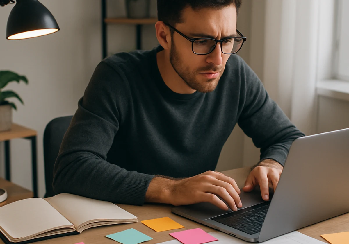 Digital marketer seated at a minimalist home office desk